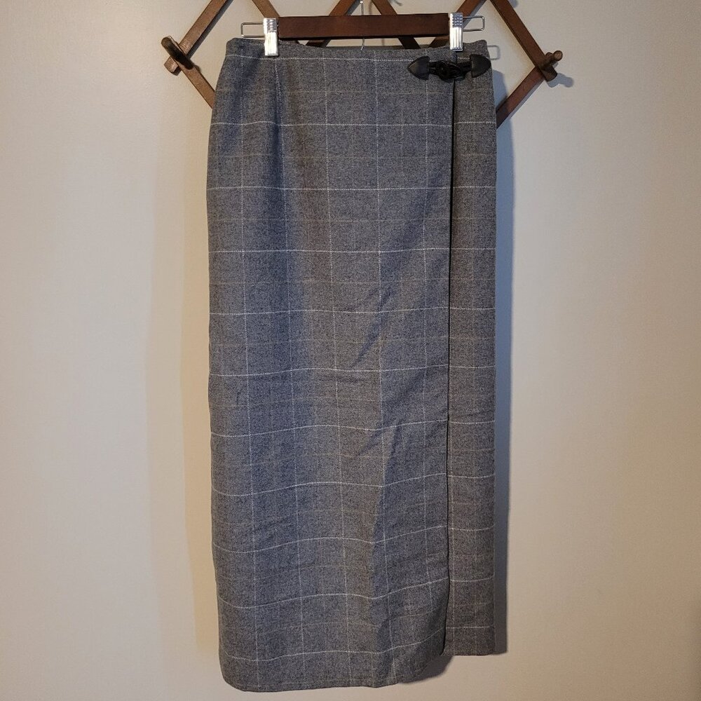 VINTAGE Saks Fifth Avenue Wool Wrap Gray Window Pane Skirt SZ 10